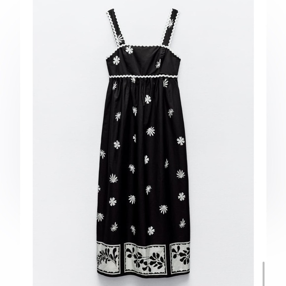 New ZARA Black And White Printed Midi Dress With Passementerie Trim - Picture 8 of 11
